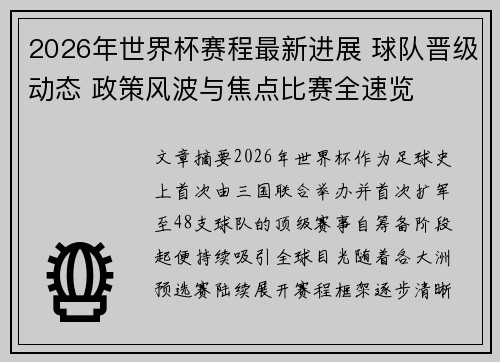 2026年世界杯赛程最新进展 球队晋级动态 政策风波与焦点比赛全速览 2026年世界杯赛程最新进展 球队晋级动态 政策风波与焦点比赛全速览