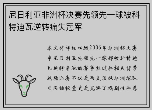 尼日利亚非洲杯决赛先领先一球被科特迪瓦逆转痛失冠军 尼日利亚非洲杯决赛先领先一球被科特迪瓦逆转痛失冠军